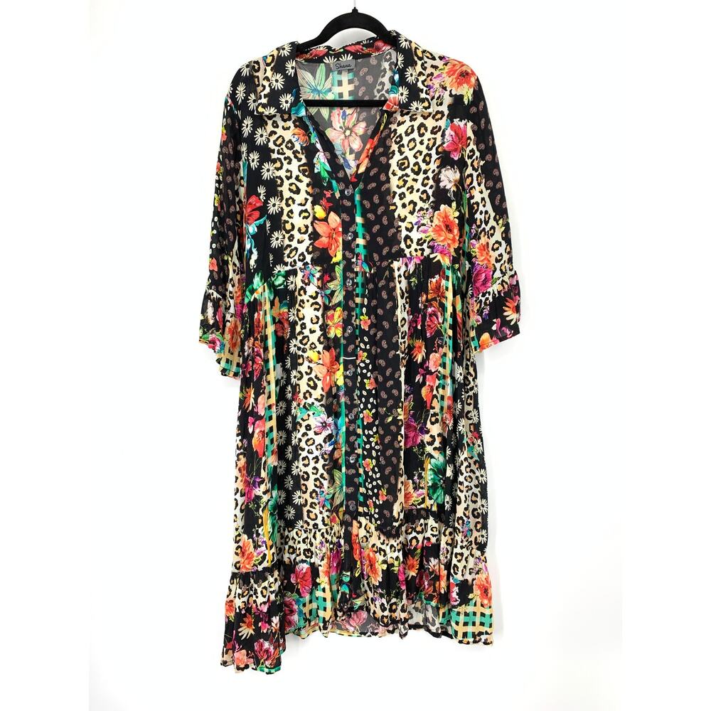 Shana Coyote Moon Dress Womens Medium Multicolor V-Neck Tiered Print